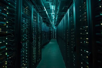 Fototapete - server room with many rows of servers, dark and cavernous room filled with racks of glowing servers