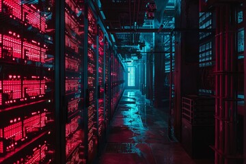 Fototapete - server room with many rows of servers, dark and cavernous room filled with racks of glowing servers