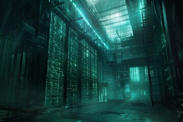 Fototapete - server room with many rows of servers, dark and cavernous room filled with racks of glowing servers