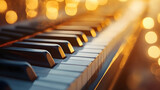 Close-up of a piano keyboard with warm bokeh lights in the background.