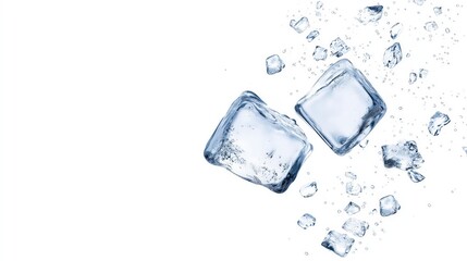 Wall Mural - Two large ice cubes and smaller ice pieces falling and splashing on a white background.