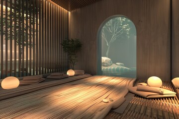 Fototapete - room with lot of lights on the floor, digital spwith virtual relaxation experiences and personalized wellness programs