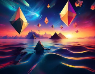 Wall Mural - Surreal Floating Tetrahedrons and Vibrant Twilight Waves in Futuristic Cosmic Landscape