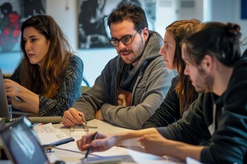 Aufkleber - group of people sitting around table with laptops, diverse team working on creative task