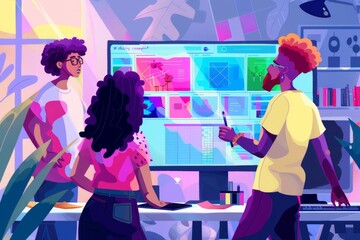 Aufkleber - group of people standing around computer screen, diverse team working on creative task