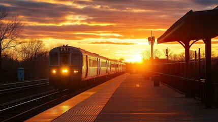 A commuter train approaches the platform, with a stunning sunrise or sunset backdrop.