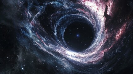 A dark and mysterious black hole at the center of a galaxy, pulling in nearby stars. -