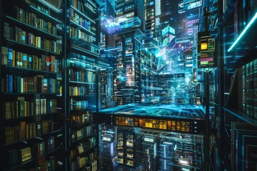 Aufkleber - city with lot of tall buildings, futuristic cityscape with holographic book displays