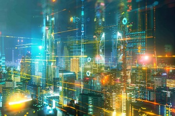 Leinwandbilder - city with many lights and buildings, futuristic cityscape with neon lights and holographic projections