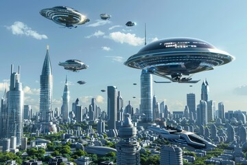 Leinwandbilder - city with many lights and cars on it, futuristic city skyline with holographic billboards and flying cars