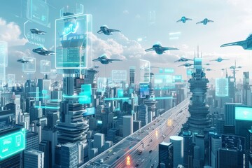 Leinwandbilder - city with many lights and cars on it, futuristic city skyline with holographic billboards and flying cars