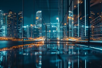 Leinwandbilder - city at night with lights reflecting in the water, Futuristic cityscapes with sleek architecture and flying vehicles