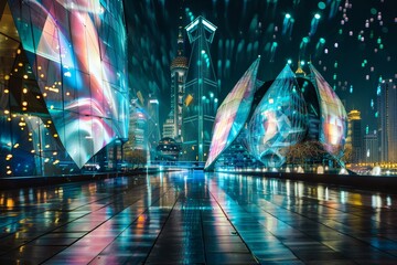 Leinwandbilder - city at night with lights reflecting in the water, Futuristic cityscapes with sleek architecture and flying vehicles