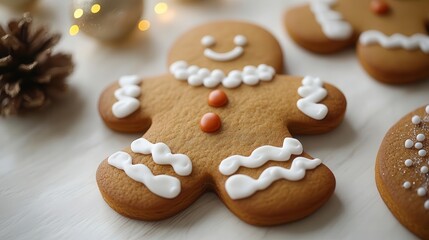 Wall Mural - charming gingerbread man cookie with intricate icing details warm goldenbrown tones against clean white background festive holiday baking with whimsical personality