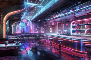 Poster - long bar with lot of lights on it, futuristic depiction of disco club with neon accents and sleek designs