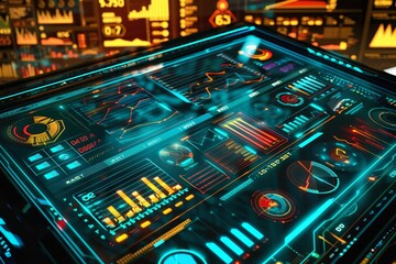 Fototapete - computer screen with many different screens, futuristic digital display showing financial datand graphs