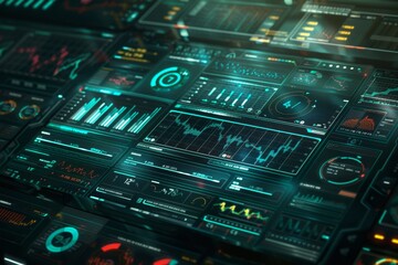 Aufkleber - computer screen with many different screens, futuristic digital display showing financial datand graphs