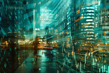 Leinwandbilder - city street with lot of buildings and lights, futuristic interpretation of financial datbeing analyzed by AI algorithms