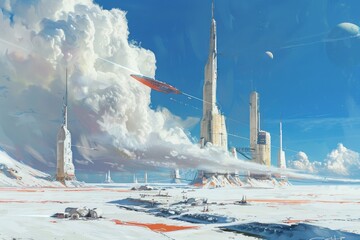 Poster - futuristic city in the middle of mountain, futuristic vector art of distant planet