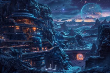 Poster - futuristic city in the middle of mountain, futuristic vector art of distant planet