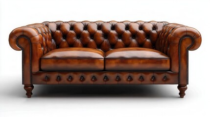 classic chesterfield sofa in rich brown leather deep button tufting elegant curves ornate wooden feet isolated on crisp white background