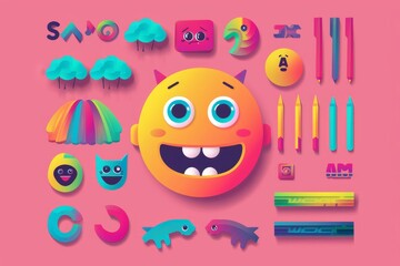 set of colorful objects including smiley face, graphic designer creates custom emojis with vector graphics