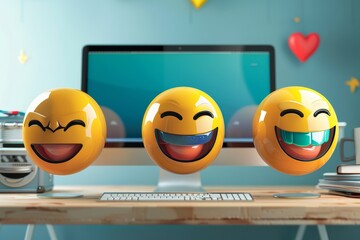 Wall Mural - three smiley faces are sitting on desk, graphic designer creates custom emojis with vector graphics