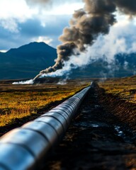 Image as realistic geothermal Energy, smoke plumes rise from industrial chimneys.