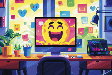 Aufkleber - three smiley faces are sitting on desk, graphic designer creates custom emojis with vector graphics