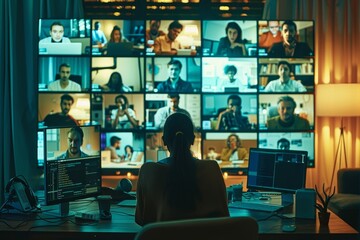 Leinwandbilder - woman sitting at desk in front of large screen, grid of computer screens, each showing different person participating in an online meeting
