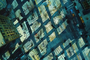 Leinwandbilder - city with lots of tall buildings and lot of cars, grid of urban streets seen from above, crisscrossed with shadows from skyscrapers