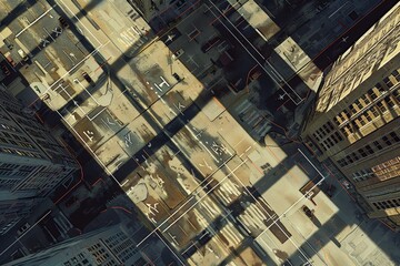Leinwandbilder - city with lots of tall buildings and lot of cars, grid of urban streets seen from above, crisscrossed with shadows from skyscrapers