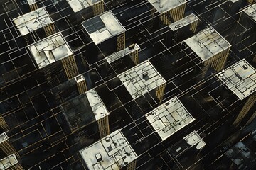 Leinwandbilder - city with lots of tall buildings and lot of cars, grid of urban streets seen from above, crisscrossed with shadows from skyscrapers