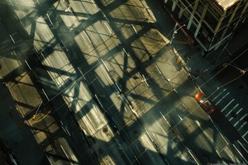 Leinwandbilder - city with lots of tall buildings and lot of cars, grid of urban streets seen from above, crisscrossed with shadows from skyscrapers