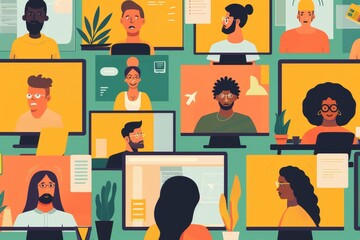 Leinwandbilder - woman sitting at desk in front of large screen, grid of computer screens, each showing different person participating in an online meeting