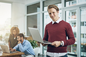 Aufkleber - Design, laptop and portrait of man in web development office for creative project management. Computer, leadership and developer employee in professional agency workplace for online administration