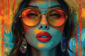 Wall Mural - An illustration of an attractive woman in sunglasses and hat, with retro colors and patterns.