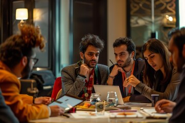 Aufkleber - group of people sitting around table with laptop, group of professionals brainstorming ideas together
