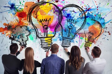 Aufkleber - group of people standing in front of wall with light bulb drawing on it, group of professionals brainstorming ideas together