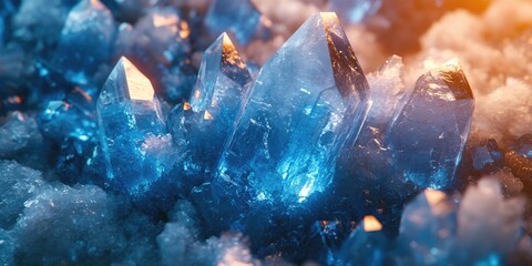 Poster - Close-up of Blue Crystal Formations Glowing in Warm Light