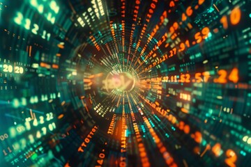 Aufkleber - circular image of bright light, kaleidoscope of numbers and charts representing market data