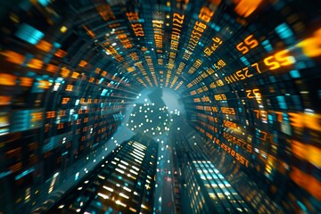 Aufkleber - circular image of bright light, kaleidoscope of numbers and charts representing market data