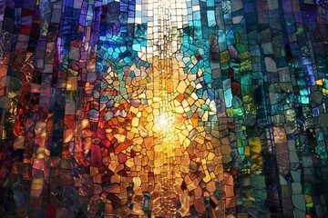 Fototapete - colorful mosaic wall with circular design, mosaic of shimmering stained glass set in cathedral window