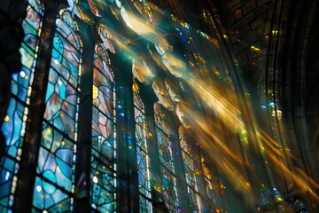 Fototapete - colorful mosaic wall with circular design, mosaic of shimmering stained glass set in cathedral window