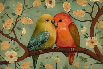 two birds sitting on branch with flowers, pair of lovebirds cuddling on branch