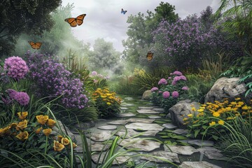 Aufkleber - garden with flowers and butterflies in the sunlight, peaceful garden with blooming flowers and butterflies fluttering by