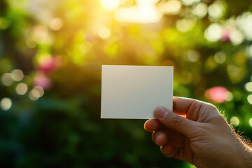 Sunlit Hand Holding Blank Card in Garden 