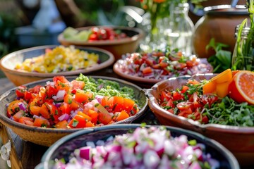 Fototapete - table with bowls of different types of food, rainbow of fresh vegetables in refreshing ceviche