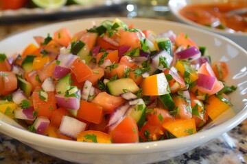 Fototapete - table with bowls of different types of food, rainbow of fresh vegetables in refreshing ceviche