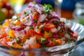 Fototapete - table with bowls of different types of food, rainbow of fresh vegetables in refreshing ceviche